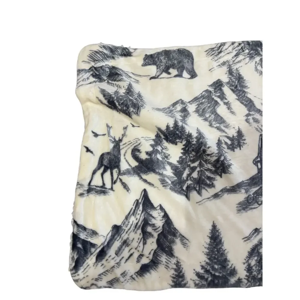 King fleece backed zipper closure pillow shams cream grey winter scene nwot